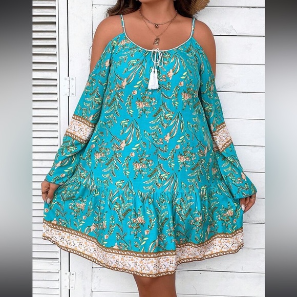 Boho Plus Floral Print Cold Shoulder Tassel Tie Ruffle Hem Dress - Picture 5 of 5